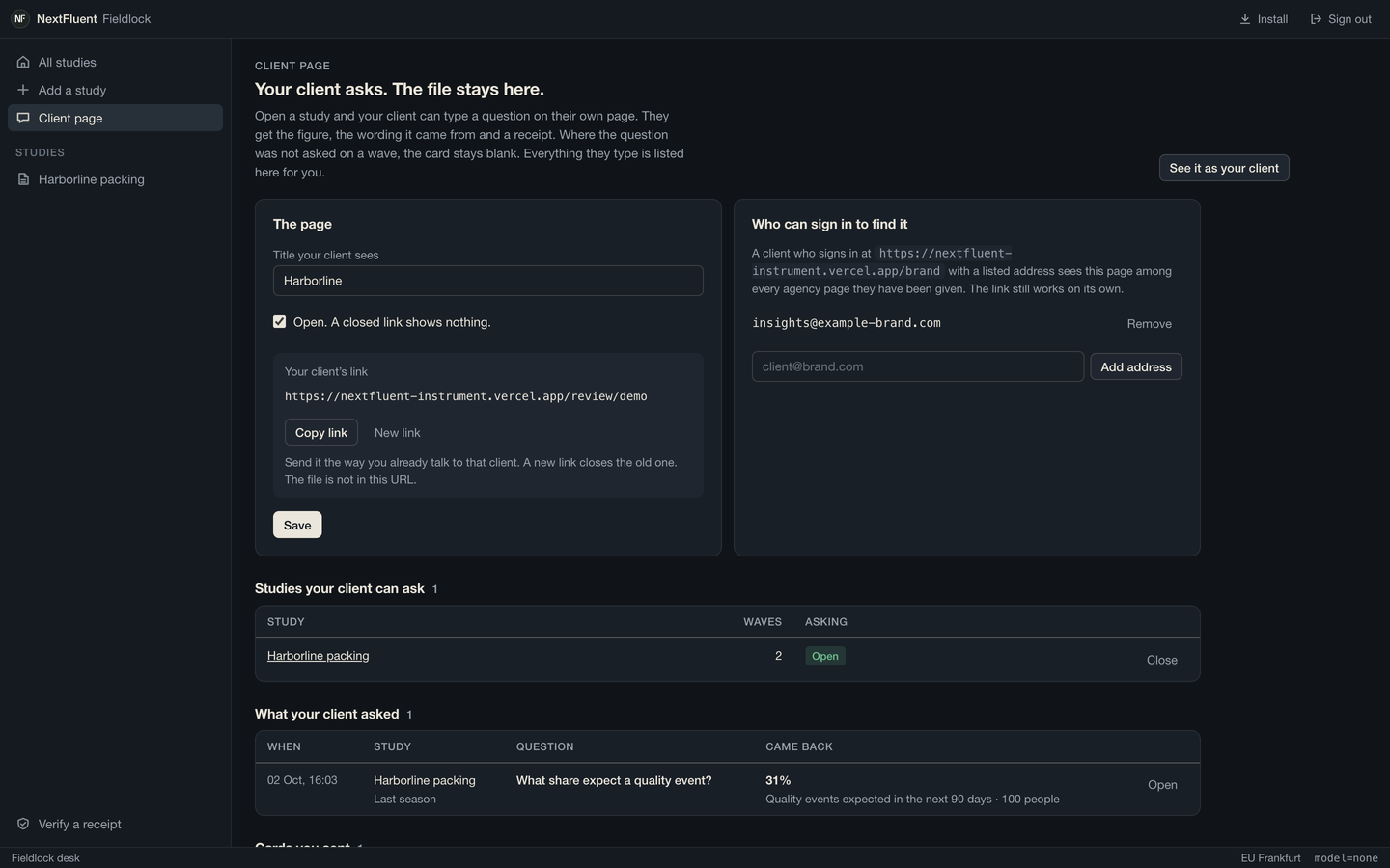 The client page desk: the page title, the open switch, the client's link, who can sign in, which studies the client may ask, what they asked, and the cards you sent